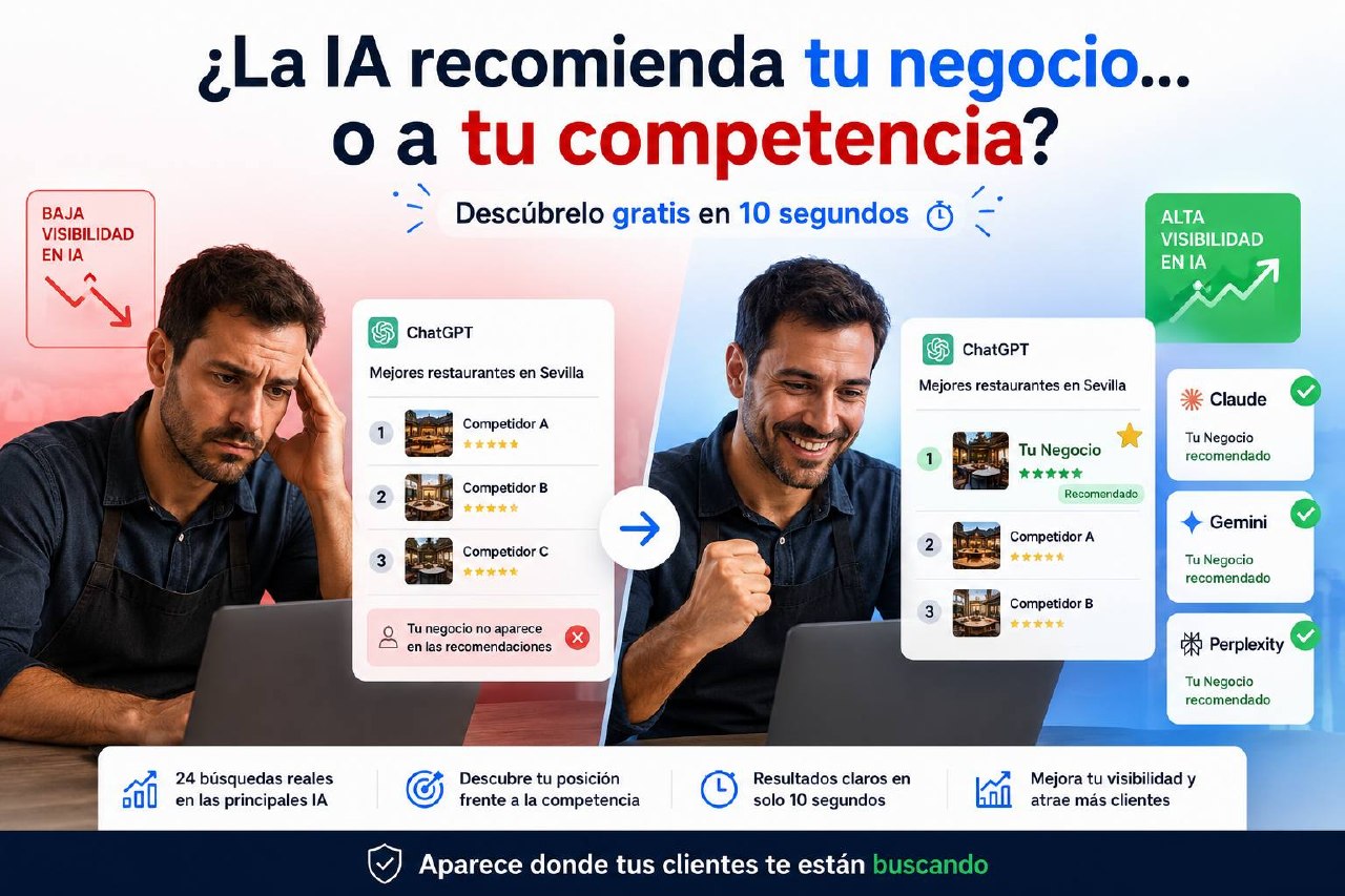 Comparativa de visibilidad en IA: un negocio local que no aparece en las recomendaciones de ChatGPT frente a otro recomendado por ChatGPT, Claude, Gemini y Perplexity