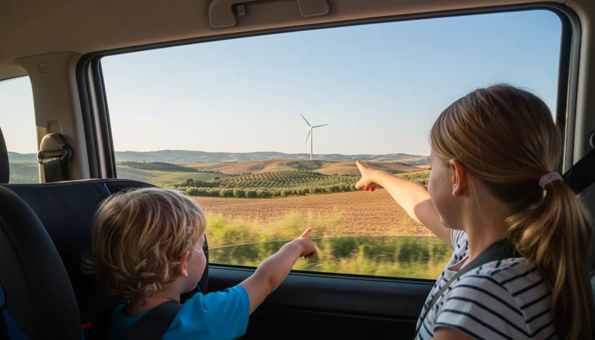 Dos niños en el asiento de atrás de un coche señalan un molino de viento entre olivares